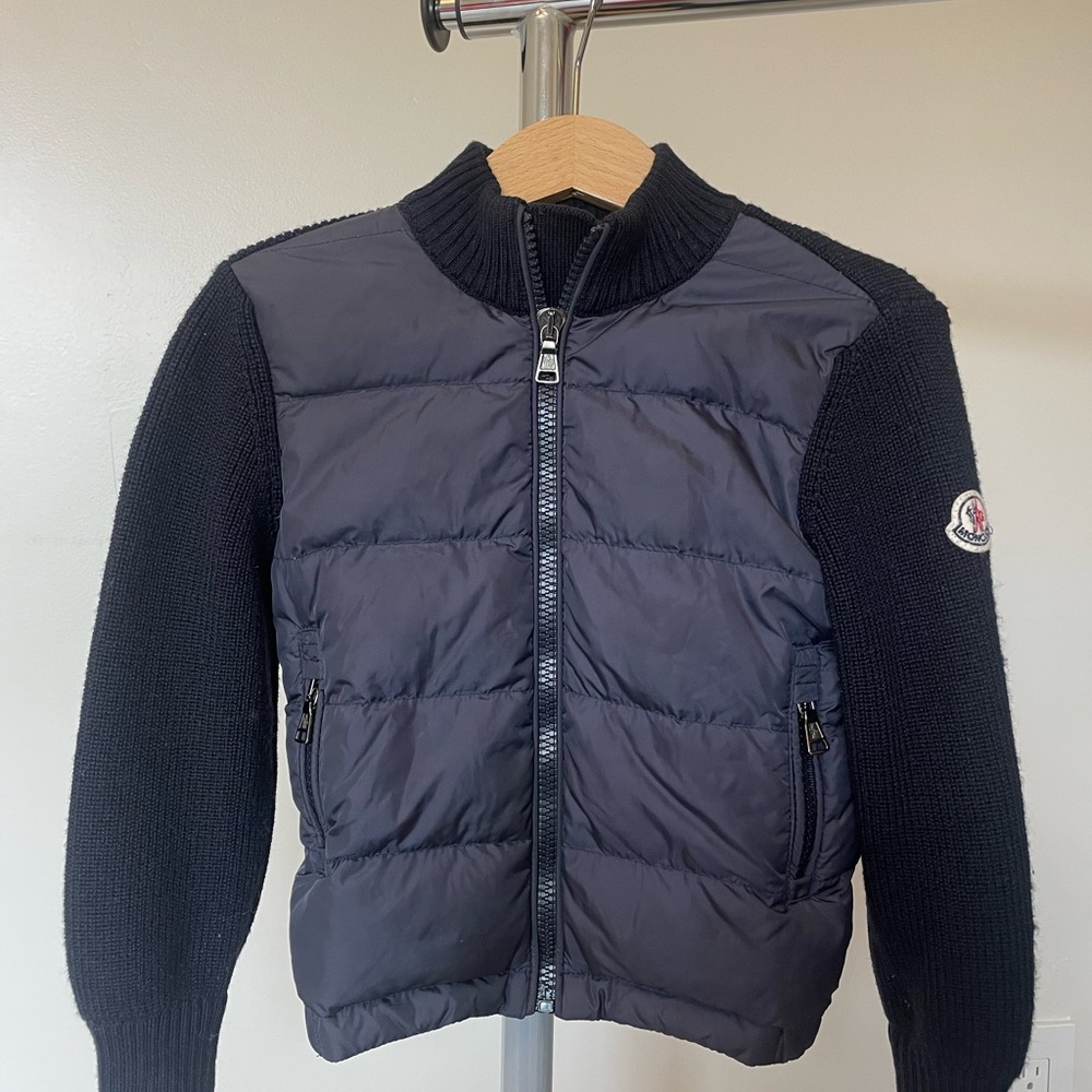 4T navy goose feather fill and knit sleeves zip up cardigan jacket.